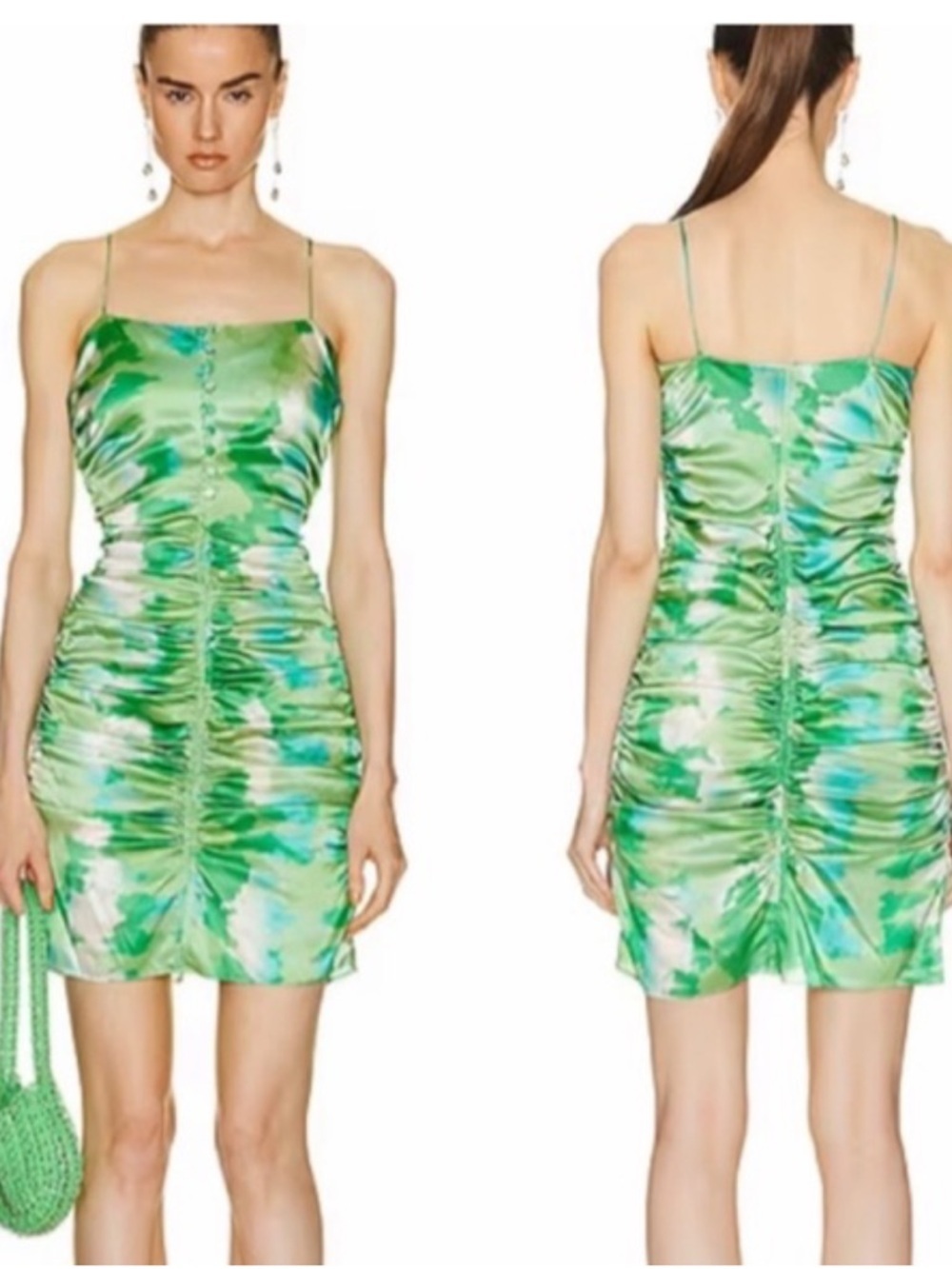 Ganni Silk Stretch Satin Ruched Mini Dress in "Lily Green" Size 34